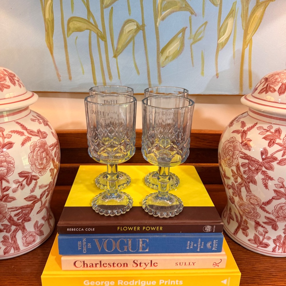 DwellStudio Wine Goblets Set of 4 Light Blue Excellent Pressed Glass Beaded Base